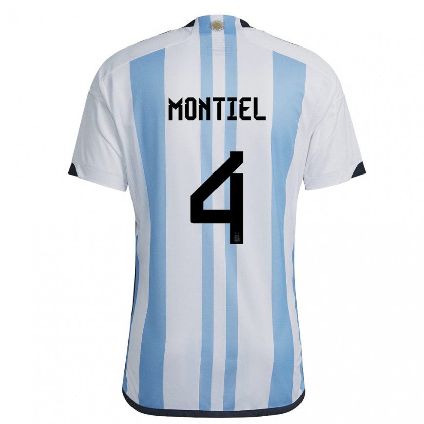 Kandiny Enfant Maillot Argentine Gonzalo Montiel #4 Blanc Bleu Ciel Tenues Domicile 22-24 T-shirt