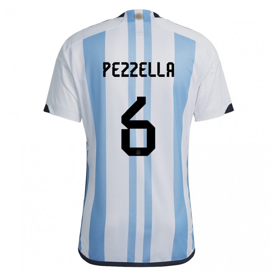 Kandiny Enfant Maillot Argentine German Pezzella #6 Blanc Bleu Ciel Tenues Domicile 22-24 T-shirt