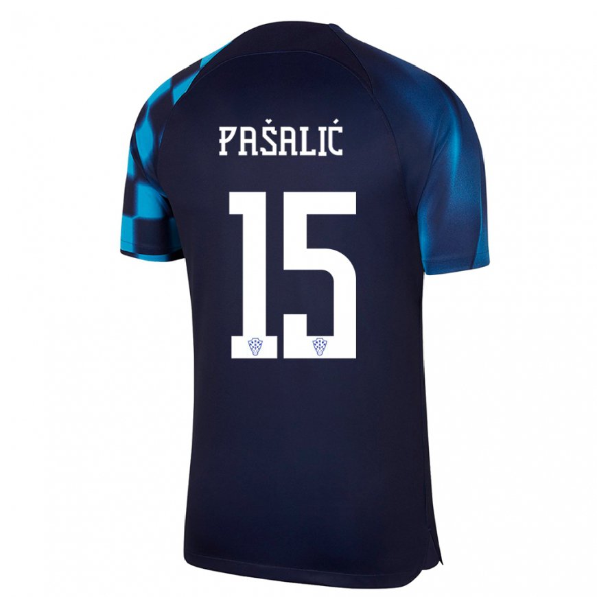 Kandiny Enfant Maillot Croatie Mario Pasalic #15 Bleu Foncé Tenues Extérieur 22-24 T-shirt