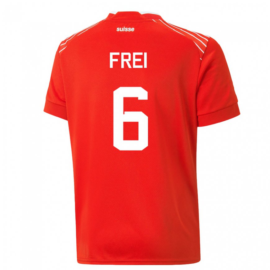 Kandiny Homme Maillot Suisse Fabian Frei #6 Rouge Tenues Domicile 22-24 T-shirt