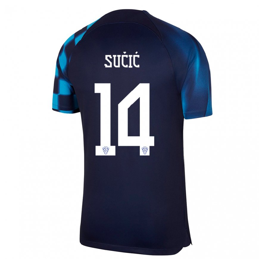 Kandiny Homme Maillot Croatie Luka Sucic #14 Bleu Foncé Tenues Extérieur 22-24 T-shirt