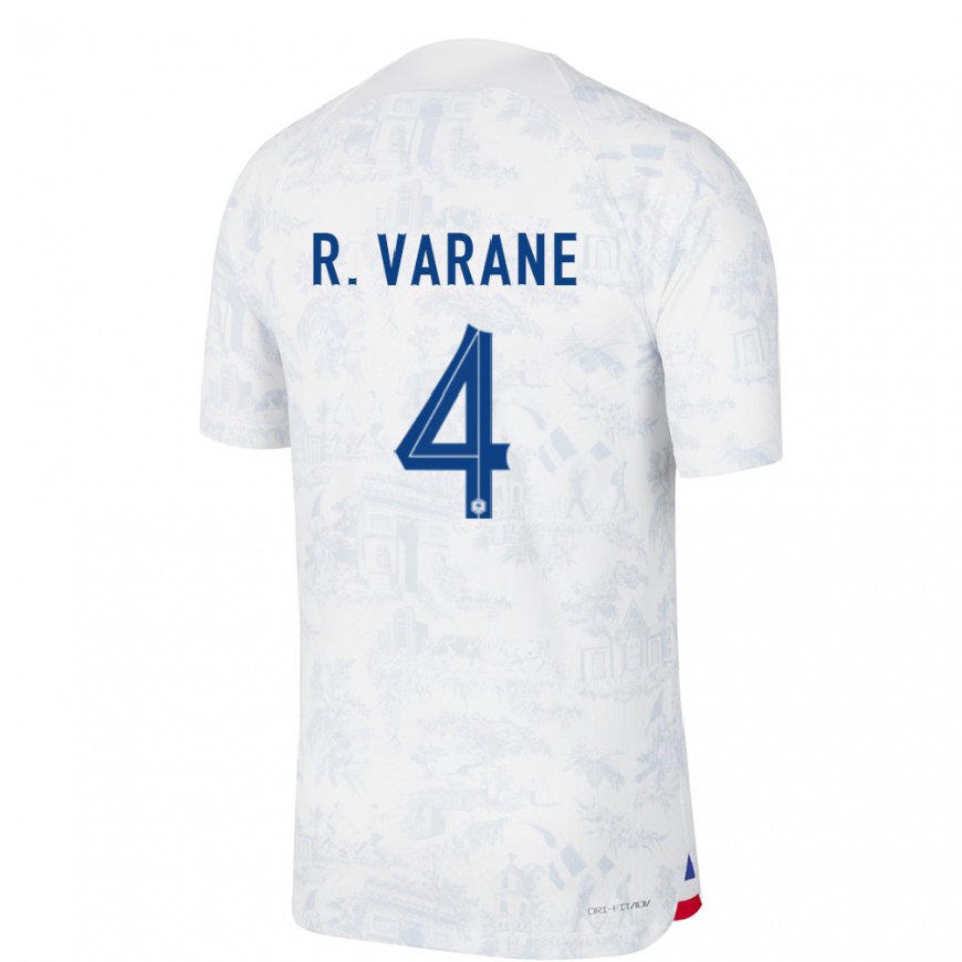 Kandiny Homme Maillot France Raphael Varane #4 Blanc Bleu Tenues Extérieur 22-24 T-shirt