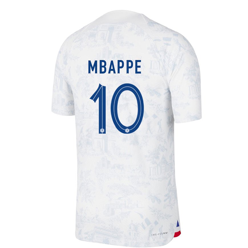 Kandiny Homme Maillot France Kylian Mbappe #10 Blanc Bleu Tenues Extérieur 22-24 T-shirt