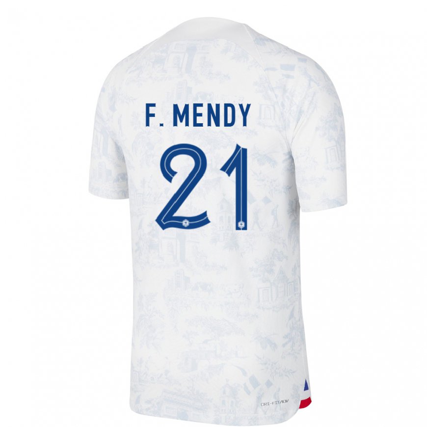 Kandiny Homme Maillot France Ferland Mendy #21 Blanc Bleu Tenues Extérieur 22-24 T-shirt