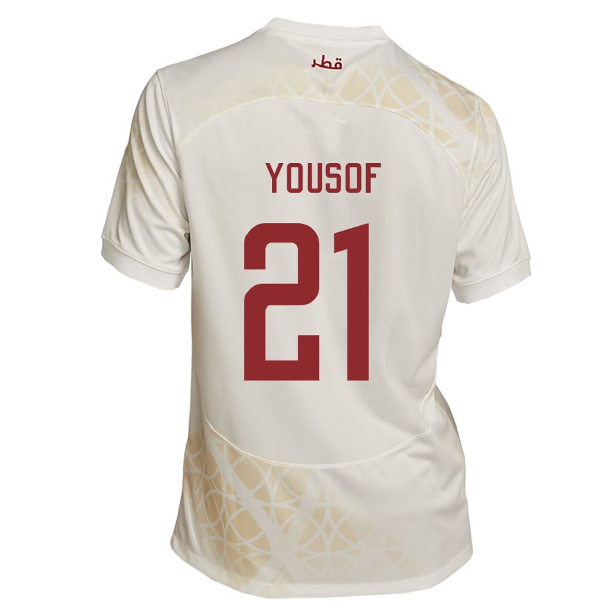 Kandiny Homme Maillot Qatar Yousof Hassan #21 Beige Doré Tenues Extérieur 22-24 T-shirt