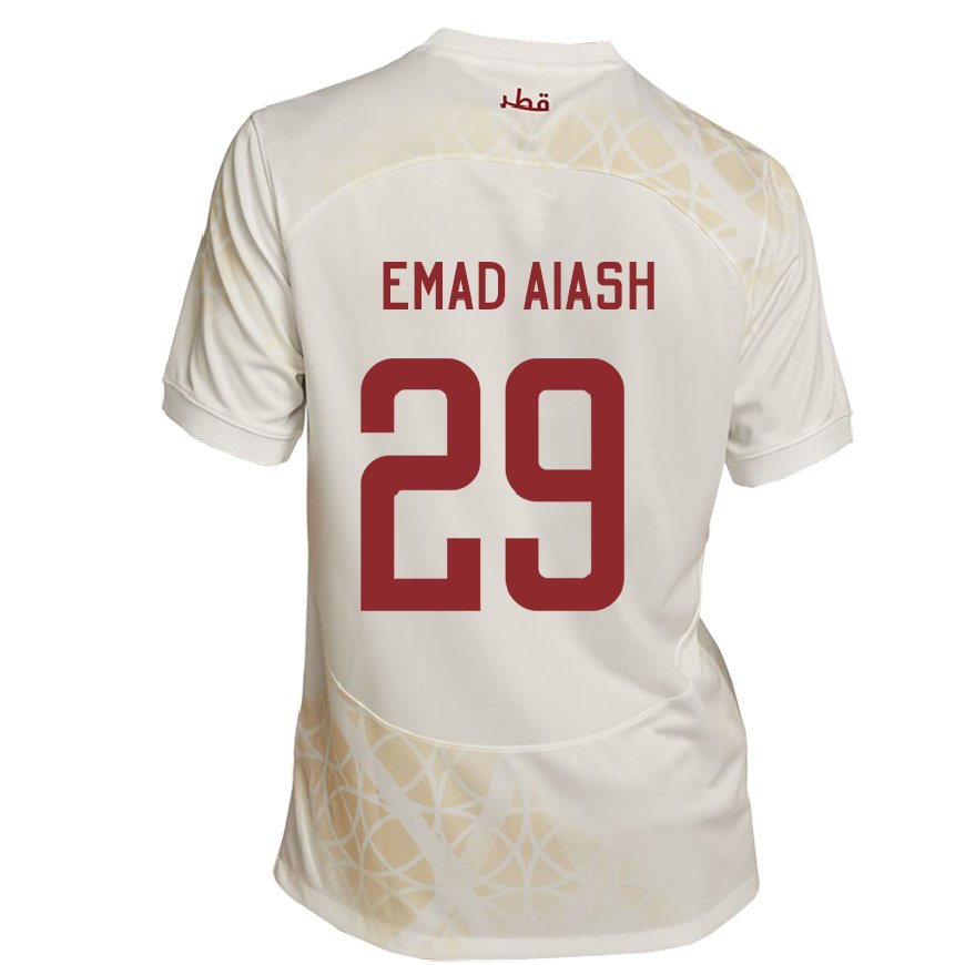 Kandiny Homme Maillot Qatar Mohamed Emad Aiash #29 Beige Doré Tenues Extérieur 22-24 T-shirt