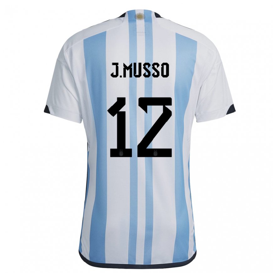 Kandiny Femme Maillot Argentine Juan Musso #12 Blanc Bleu Ciel Tenues Domicile 22-24 T-shirt