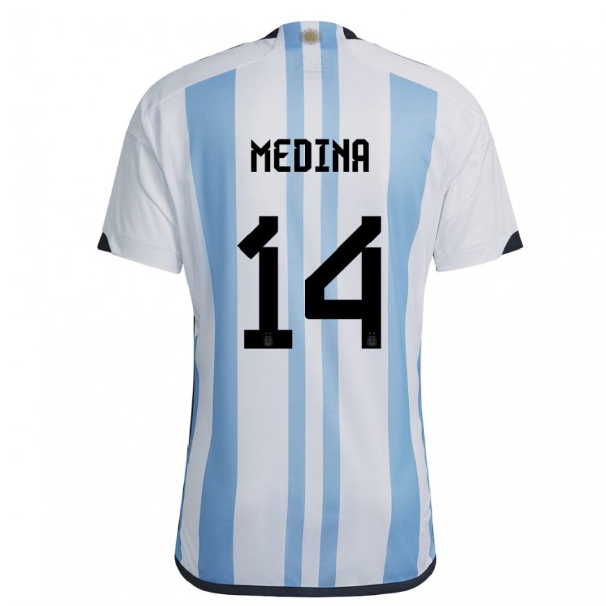 Kandiny Femme Maillot Argentine Facundo Medina #14 Blanc Bleu Ciel Tenues Domicile 22-24 T-shirt