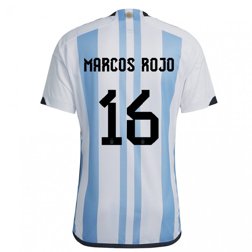 Kandiny Femme Maillot Argentine Marcos Rojo #16 Blanc Bleu Ciel Tenues Domicile 22-24 T-shirt