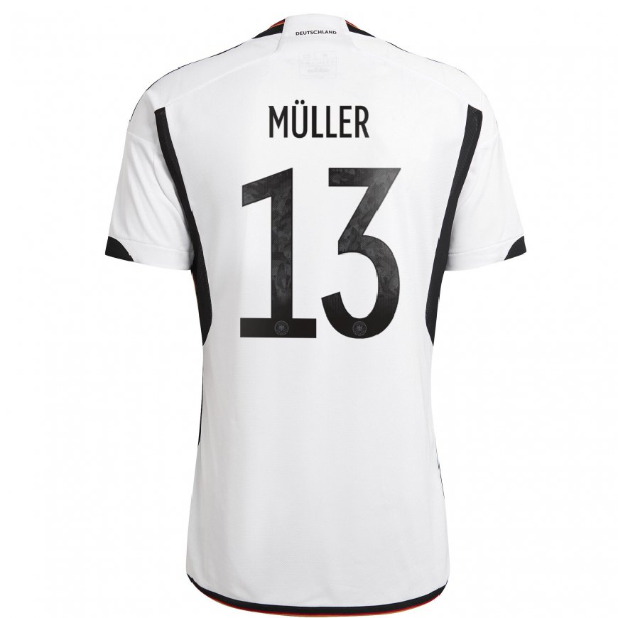 Kandiny Femme Maillot Allemagne Thomas Muller #13 Blanc Noir Tenues Domicile 22-24 T-shirt