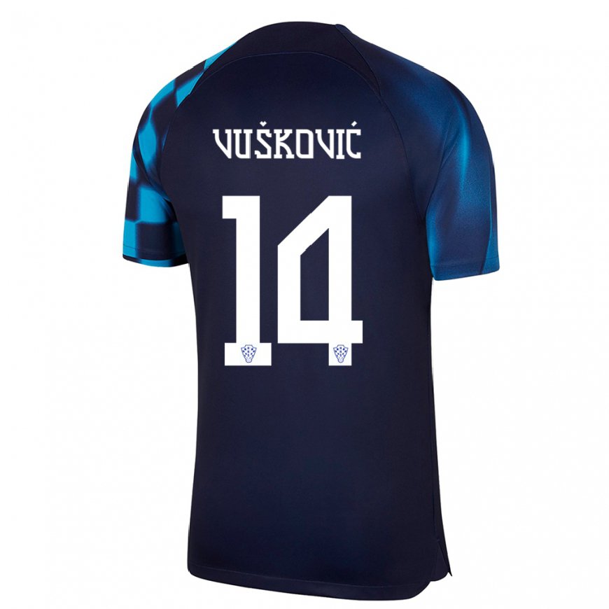 Kandiny Enfant Maillot Croatie Mario Vuskovic #14 Bleu Foncé Tenues Extérieur 22-24 T-shirt