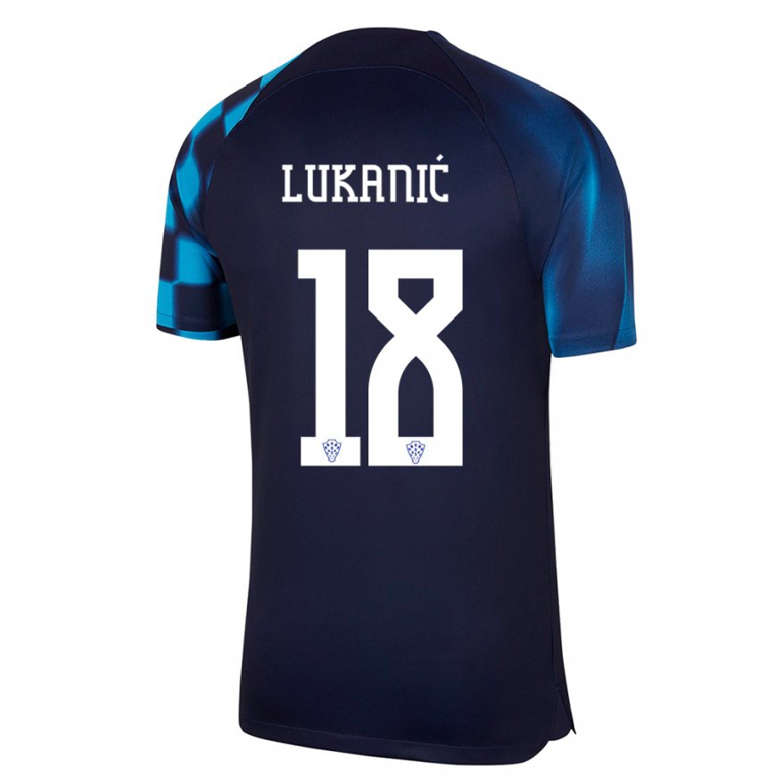 Kandiny Enfant Maillot Croatie Luka Lukanic #18 Bleu Foncé Tenues Extérieur 22-24 T-shirt