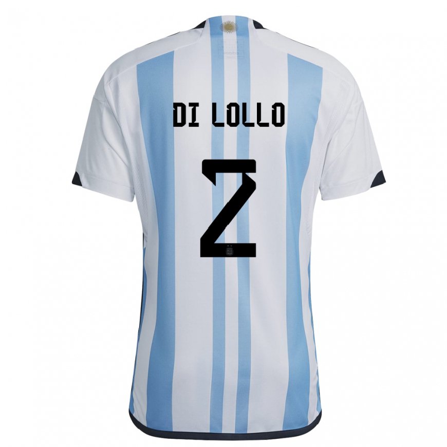 Kandiny Homme Maillot Argentine Lautaro Di Lollo #2 Blanc Bleu Ciel Tenues Domicile 22-24 T-shirt