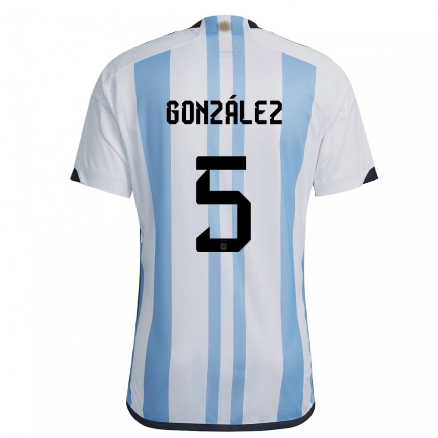 Kandiny Homme Maillot Argentine Maximiliano Gonzalez #5 Blanc Bleu Ciel Tenues Domicile 22-24 T-shirt