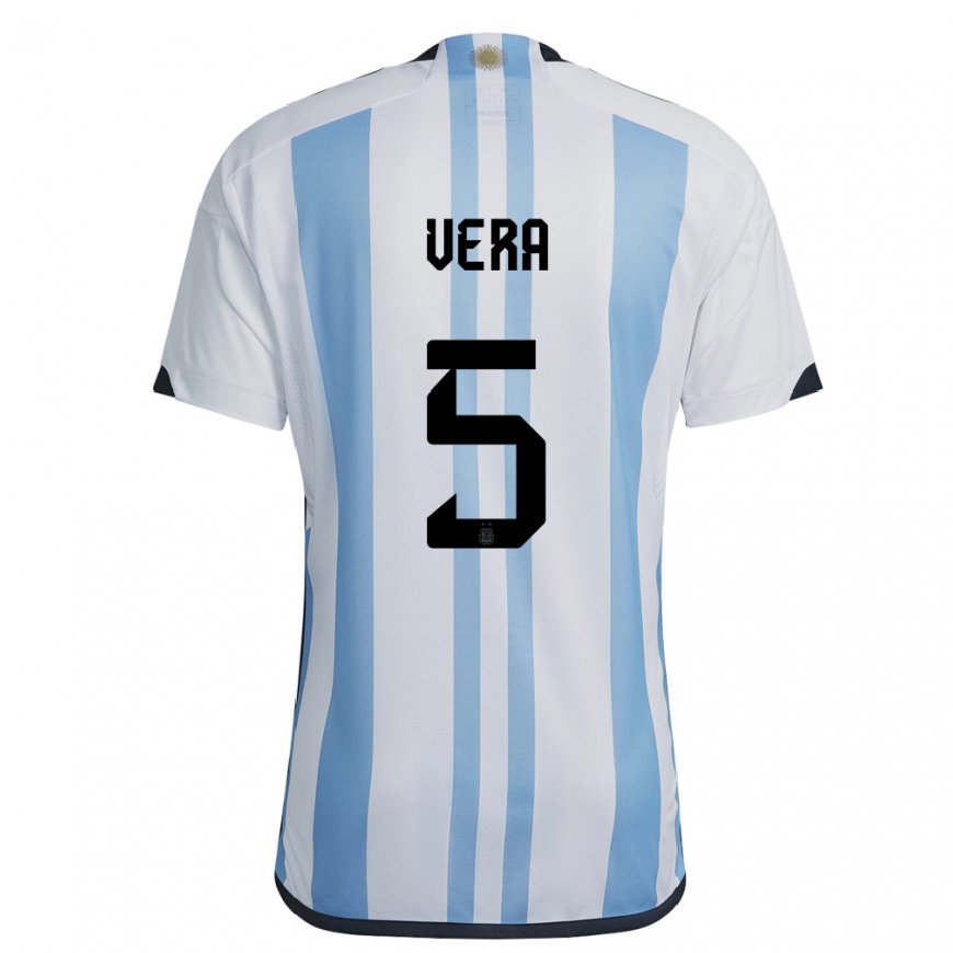 Kandiny Homme Maillot Argentine Fausto Vera #5 Blanc Bleu Ciel Tenues Domicile 22-24 T-shirt