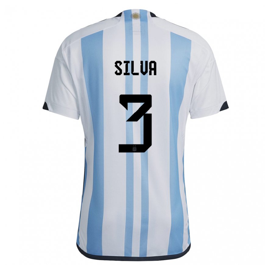 Kandiny Homme Maillot Argentine Tomas Silva #3 Blanc Bleu Ciel Tenues Domicile 22-24 T-shirt