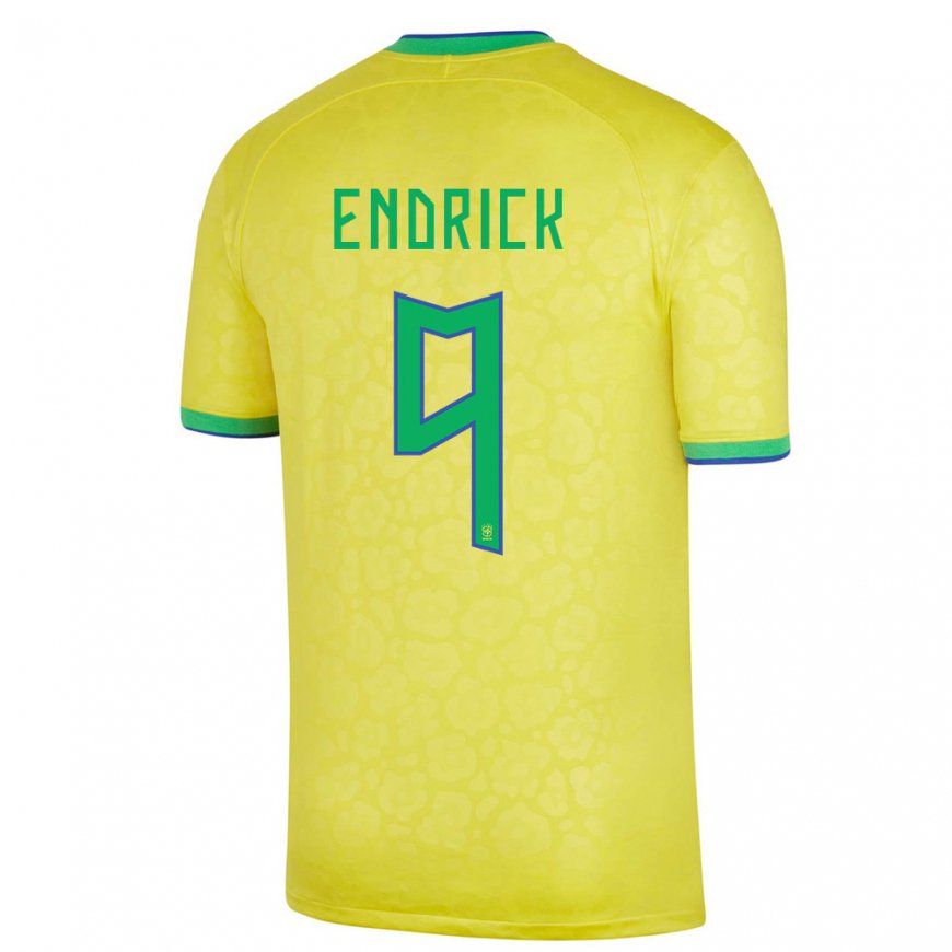 Kandiny Homme Maillot Brésil Endrick #9 Jaune Tenues Domicile 22-24 T-shirt