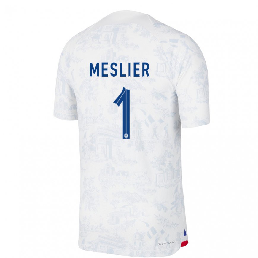 Kandiny Homme Maillot France Illan Meslier #1 Blanc Bleu Tenues Extérieur 22-24 T-shirt