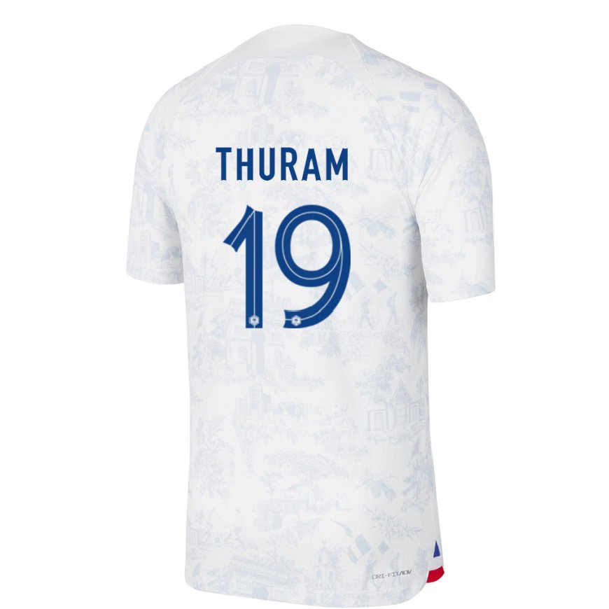 Kandiny Homme Maillot France Khephren Thuram #19 Blanc Bleu Tenues Extérieur 22-24 T-shirt