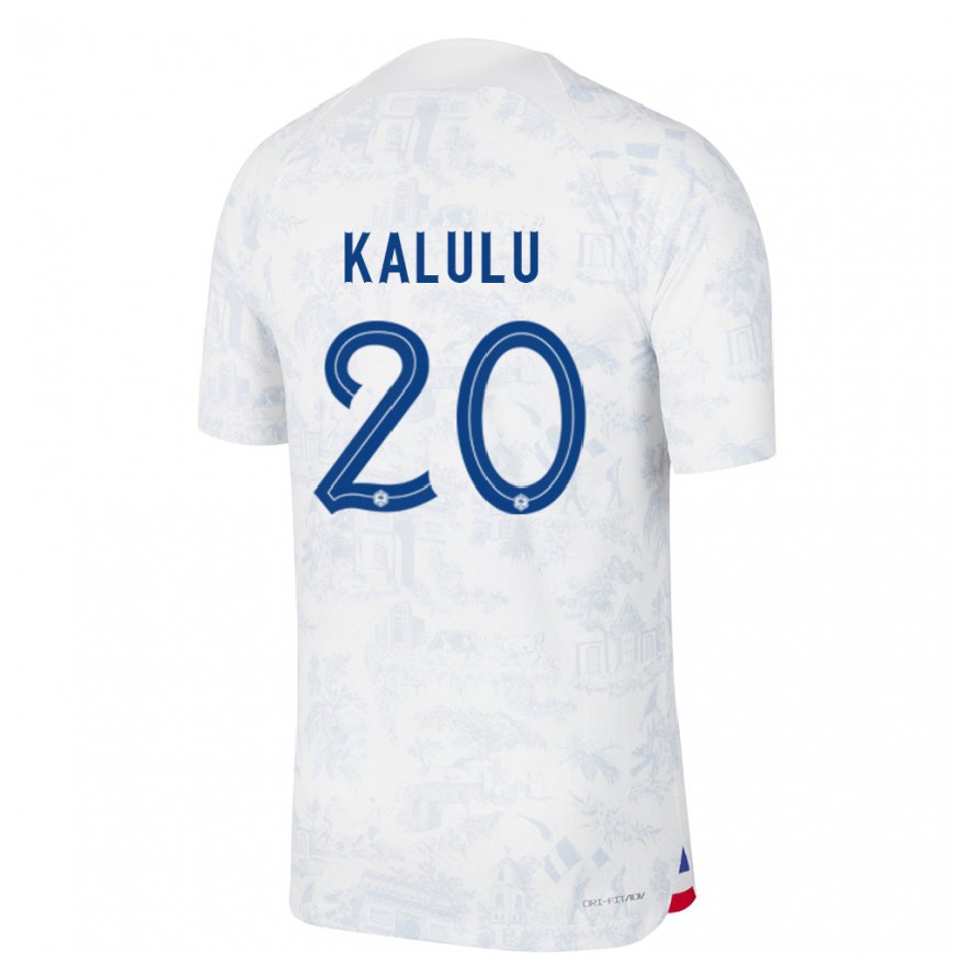 Kandiny Femme Maillot France Pierre Kalulu #20 Blanc Bleu Tenues Extérieur 22-24 T-shirt