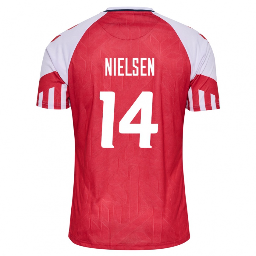 Kandiny Enfant Maillot Danemark Julius Nielsen #14 Rouge Tenues Domicile 24-26 T-Shirt