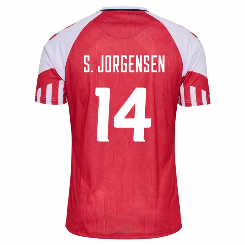 Kandiny Enfant Maillot Danemark Sebastian Jorgensen #14 Rouge Tenues Domicile 24-26 T-Shirt