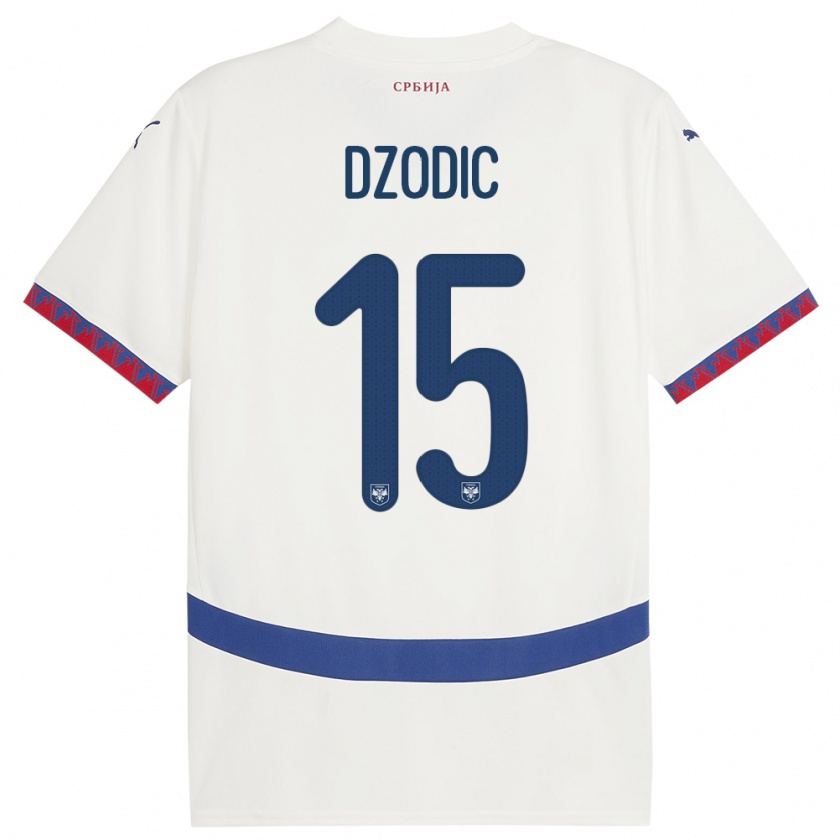 Kandiny Enfant Maillot Serbie Stefan Dzodic #15 Blanc Tenues Extérieur 24-26 T-Shirt