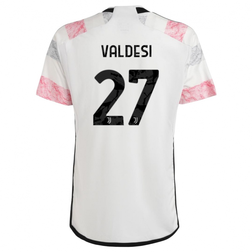 Kandiny Enfant Maillot Andrea Valdesi #27 Blanc Rose Tenues Extérieur 2023/24 T-Shirt