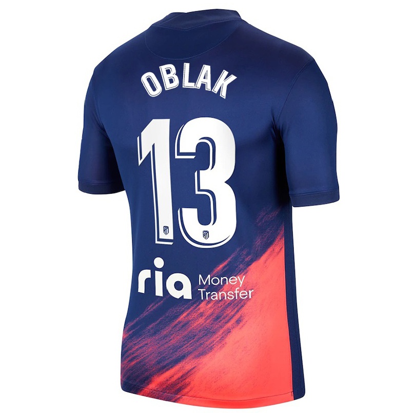 Enfant Football Maillot Jan Oblak #13 Bleu Foncé Orange Tenues Extérieur 2021/22 T-shirt