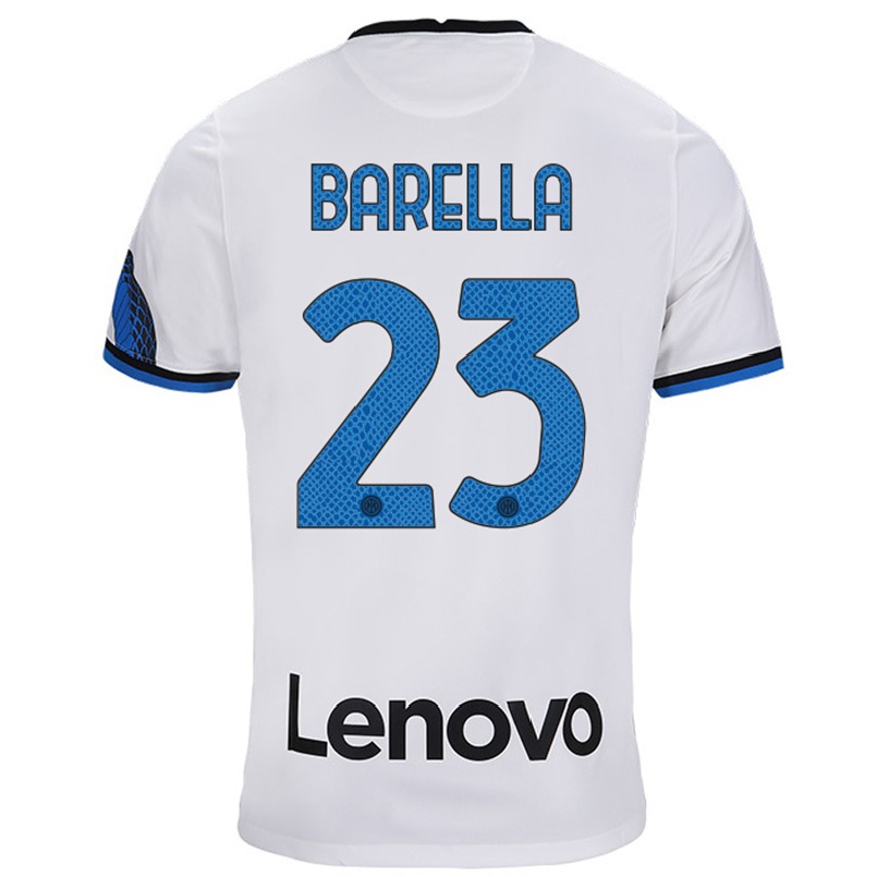 Enfant Football Maillot Nicolo Barella #23 Blanc Bleu Tenues Extérieur 2021/22 T-shirt