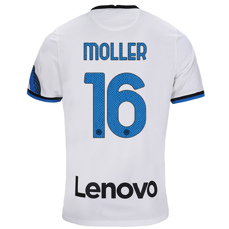 Enfant Football Maillot Caroline Moller #16 Blanc Bleu Tenues Extérieur 2021/22 T-shirt
