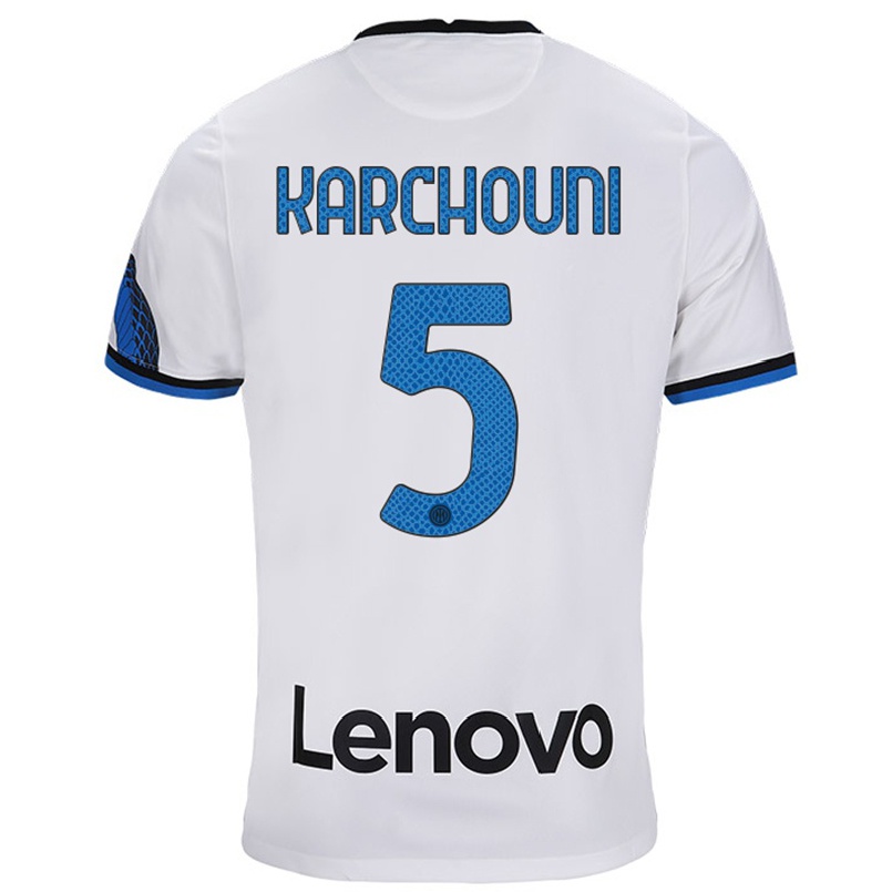 Homme Football Maillot Ghoutia Karchouni #5 Blanc Bleu Tenues Extérieur 2021/22 T-shirt