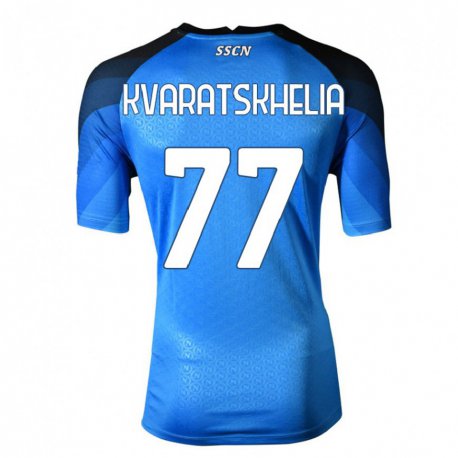 Kandiny Enfant Maillot Khvicha Kvaratskhelia #77 Bleu Foncé Gris Tenues Domicile 2022/23 T-Shirt