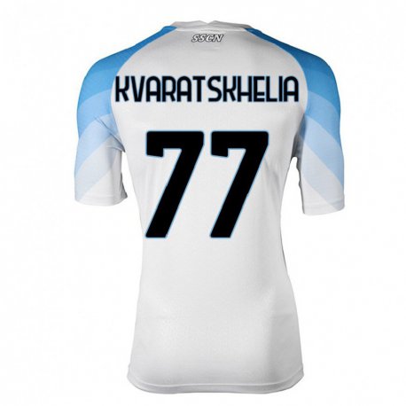 Kandiny Enfant Maillot Khvicha Kvaratskhelia #77 Blanc Bleu Ciel Tenues Extérieur 2022/23 T-shirt