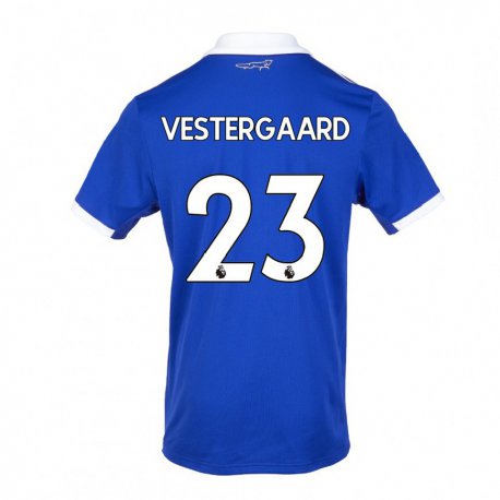 Kandiny Homme Maillot Jannik Vestergaard #23 Bleu Blanc Tenues Domicile 2022/23 T-Shirt