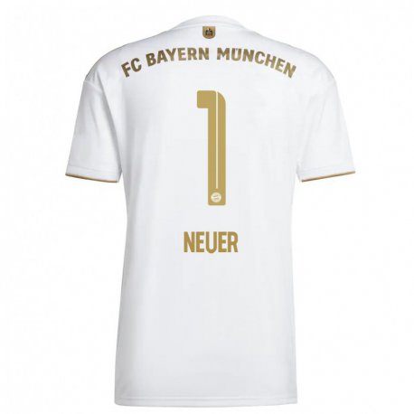 Kandiny Homme Maillot Manuel Neuer #1 Blanc Or Tenues Extérieur 2022/23 T-Shirt