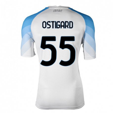 Kandiny Homme Maillot Leo Ostigard #55 Blanc Bleu Ciel Tenues Extérieur 2022/23 T-Shirt