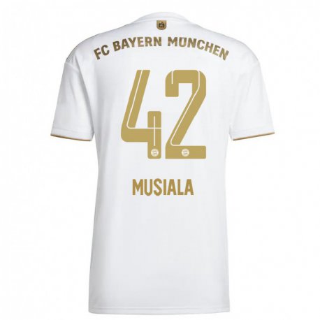 Kandiny Femme Maillot Jamal Musiala #42 Blanc Or Tenues Extérieur 2022/23 T-shirt