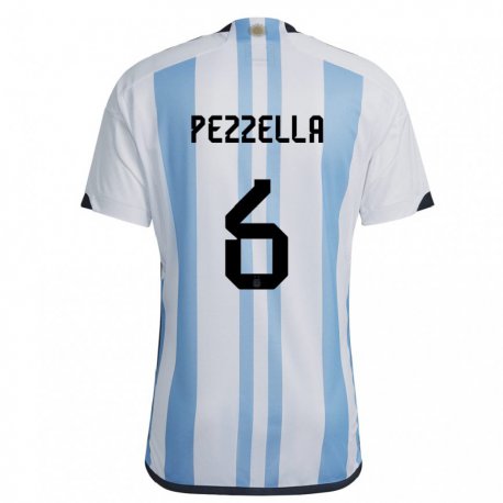 Kandiny Enfant Maillot Argentine German Pezzella #6 Blanc Bleu Ciel Tenues Domicile 22-24 T-shirt