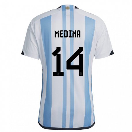 Kandiny Enfant Maillot Argentine Facundo Medina #14 Blanc Bleu Ciel Tenues Domicile 22-24 T-shirt
