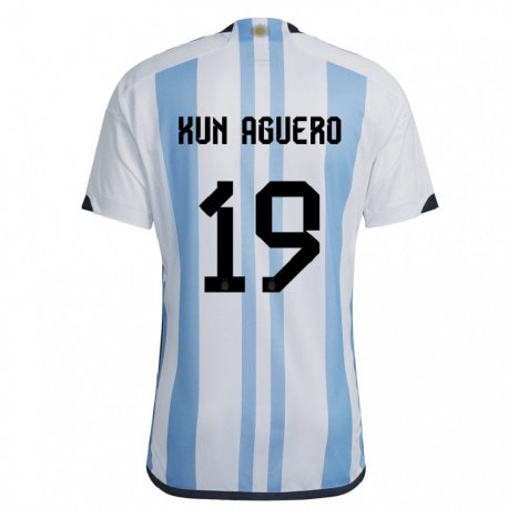 Kandiny Enfant Maillot Argentine Sergio Aguero #19 Blanc Bleu Ciel Tenues Domicile 22-24 T-shirt