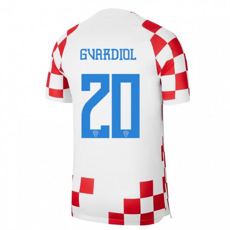 Kandiny Enfant Maillot Croatie Josko Gvardiol #20 Rouge Blanc Tenues Domicile 22-24 T-shirt