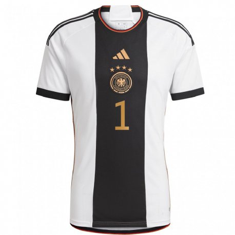 Kandiny Enfant Maillot Allemagne Manuel Neuer #1 Blanc Noir Tenues Domicile 22-24 T-shirt