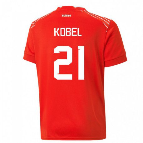 Kandiny Enfant Maillot Suisse Gregor Kobel #21 Rouge Tenues Domicile 22-24 T-shirt