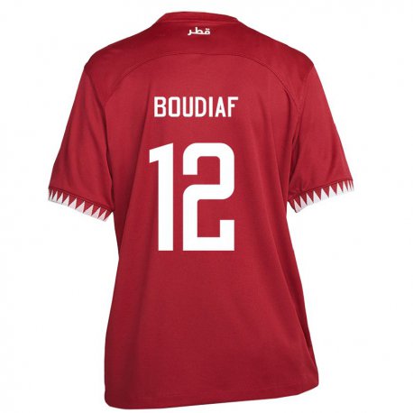Kandiny Enfant Maillot Qatar Karim Boudiaf #12 Bordeaux Tenues Domicile 22-24 T-shirt