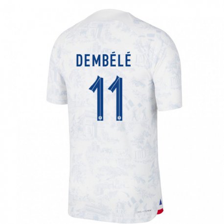 Kandiny Enfant Maillot France Ousmane Dembele #11 Blanc Bleu Tenues Extérieur 22-24 T-shirt