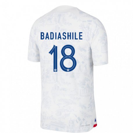 Kandiny Enfant Maillot France Benoit Badiashile #18 Blanc Bleu Tenues Extérieur 22-24 T-shirt