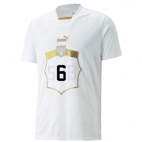 Kandiny Enfant Maillot Serbie Srdjan Babic #6 Blanc Tenues Extérieur 22-24 T-shirt