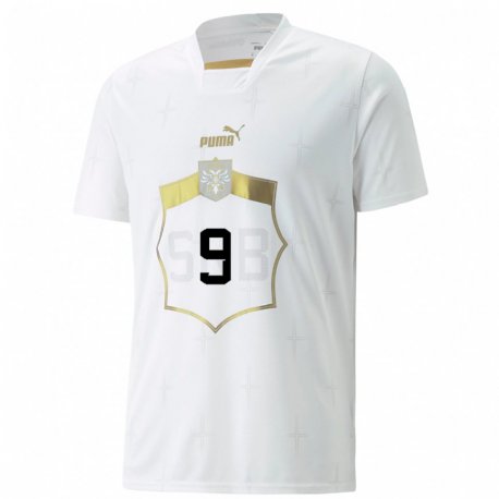 Kandiny Enfant Maillot Serbie Aleksandar Mitrovic #9 Blanc Tenues Extérieur 22-24 T-shirt