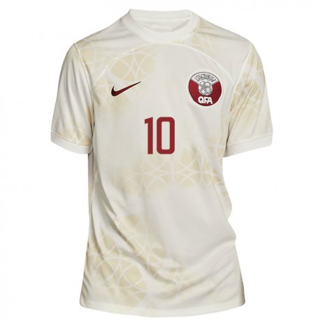 Kandiny Enfant Maillot Qatar Hasan Al Haydos #10 Beige Doré Tenues Extérieur 22-24 T-shirt